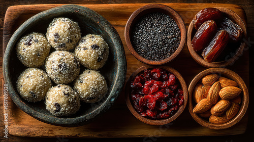 Healthy energy balls made from nuts and dried fruits are displayed in rustic bowl alongside various ingredients like dates, almonds, and seeds. This vibrant snack offers nutritious boost