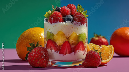 Delicious fruit parfait in clear cup showcases vibrant layers of strawberries, blueberries, raspberries, and tropical fruits, evoking refreshing and joyful experience
