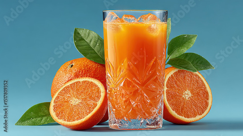 Refreshing glass of orange juice with ice, surrounded by fresh oranges and green leaves, evokes sense of vitality and summer. Perfect for healthy lifestyle