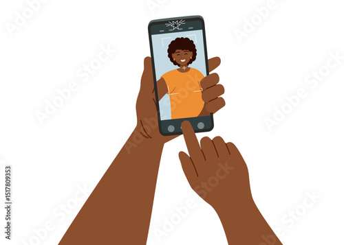 Concept of selfie on smartphone camera. Taking a photo by a phone camera. Black skin woman holding smartphone and taking a photo. Vector hand drawn clipart isolated on white.