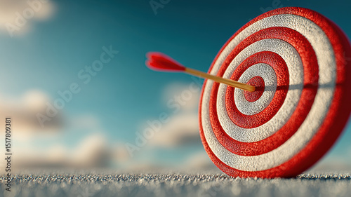 Target with arrow hitting bullseye against clear blue sky, symbolizing achievement and focus. vibrant colors and sharp details create inspiring visual