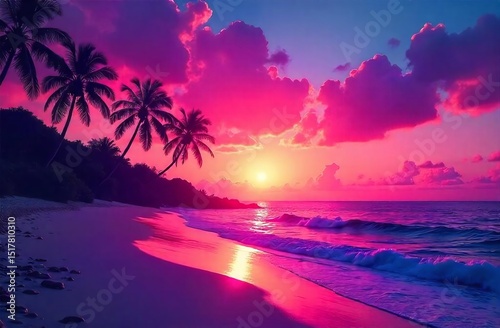 a vibrant tropical sunset painting the sky with hues of orange, pink, and purple.
