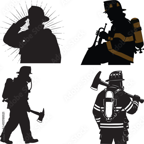 PrDiverse Firefighter Silhouettes with Trumpet Salute and Axe