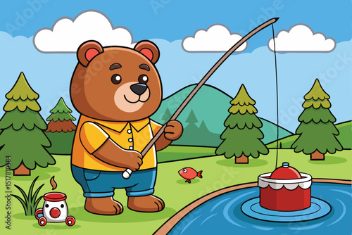 Cartoon Bear Fishing in a Forest Lake with Toy Car