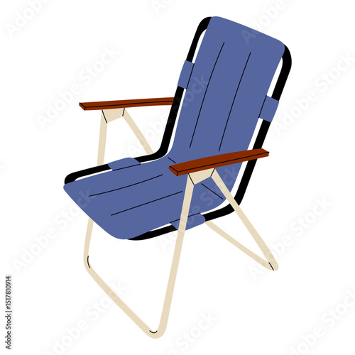 Illustration of a blue folding camping chair with metal frame and wooden armrests, ideal for outdoor, travel, and leisure content. Simple and practical design. Vector Stock Illustration.