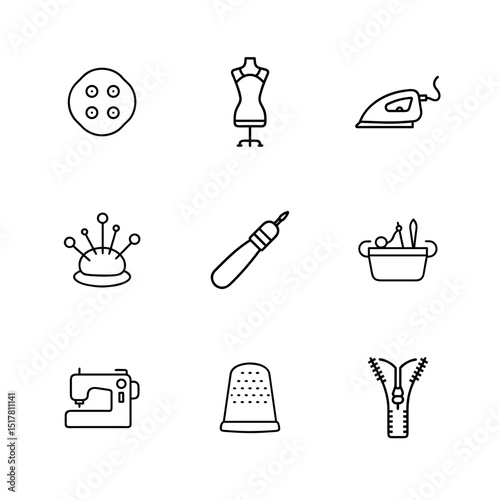 Sewing and Tailoring Line Icons – Needle, Scissors, Iron, Thread, Mannequin and More