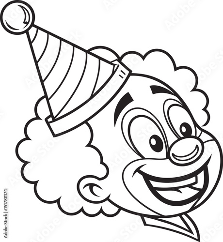 Funny clown coloring page for kids, black line art vector illustration for children book design