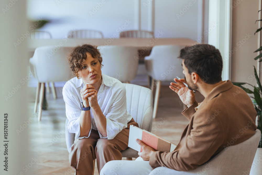 Fototapeta premium Two Individuals Having a Professional Discussion in a Modern Office Setting