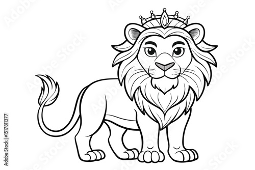 Cartoon Lion King with Crown Outline for Coloring Book Page