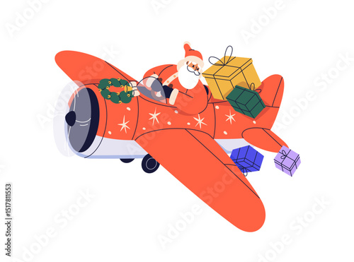 Santa Claus flying in air plane with Christmas gifts. Festive Xmas delivery. Winter holiday character in aircraft, airplane with presents. Flat vector illustration isolated on white background