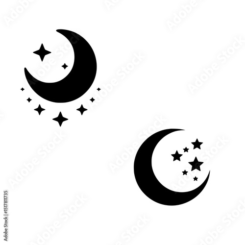 Minimalist Black Crescent Moon and Stars Icons