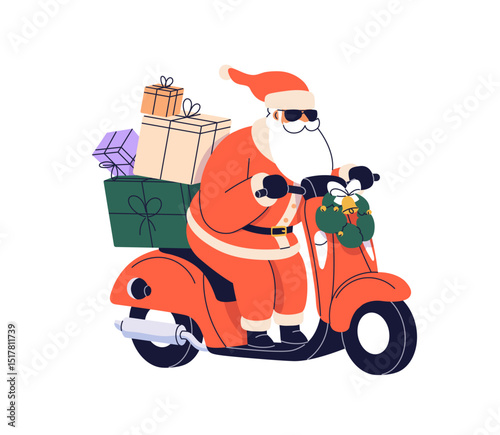 Santa Claus courier riding scooter with Christmas presents, Xmas gifts. Festive delivery. Winter holiday character driving bike, motorcycle. Flat vector illustration isolated on white background