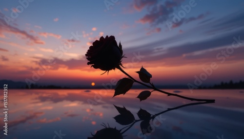 Golden sunset sky over a tranquil lake, with a silhouette of a woman admiring the beautiful nature and water reflection photo
