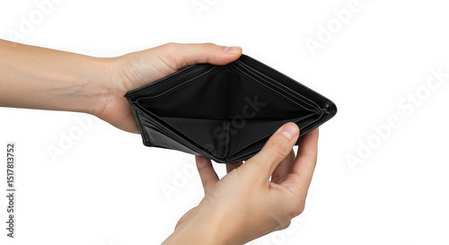 Hands holding open an empty black leather wallet against a black background