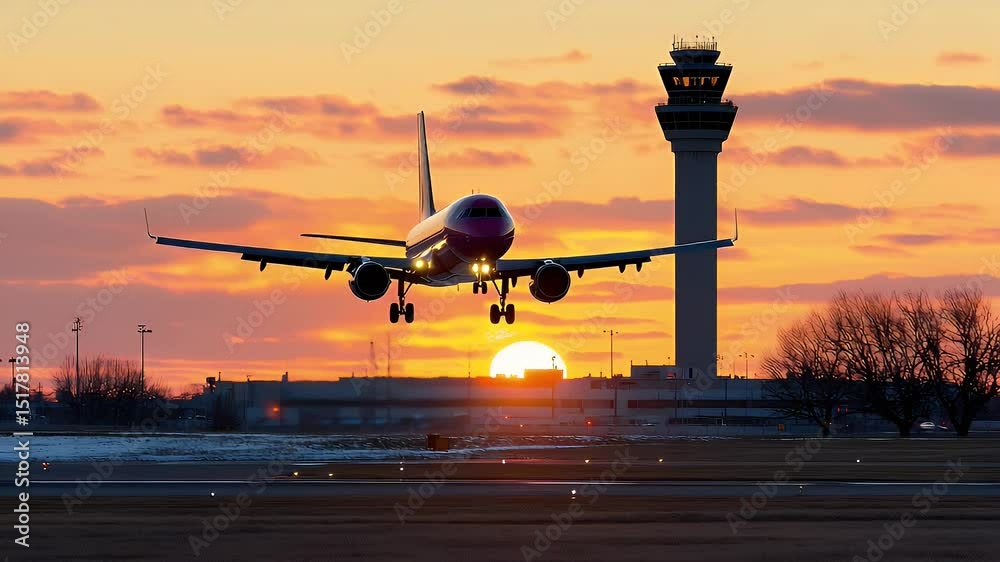 Airplane landing at sunset, silhouetted against a vibrant orange and pink sky. Air traffic control tower visible in the background. Runway and airport buildings are slightly visible. Airplane landing at sunset, silhouetted against a vibrant orange and pink sky. Air traffic control tower visible in the background. Runway and airport buildings are slightly visible.