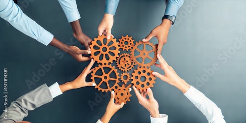 Putting gear together teamwork solution finding moving forward