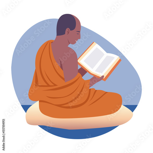 Flat style illustration showing a calm monk reading alone