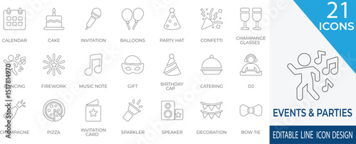 Fun and festive line icon set perfect for parties, birthdays, and celebrations. Includes gifts, decorations, music, and everything needed for a lively event.