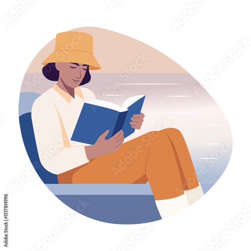 Flat style illustration showing a person reading a fishing guide