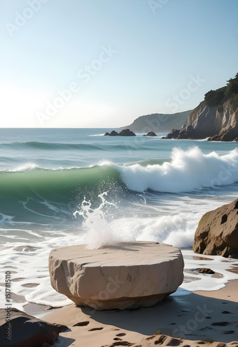 A stone podium on a beach with waves crashing against it