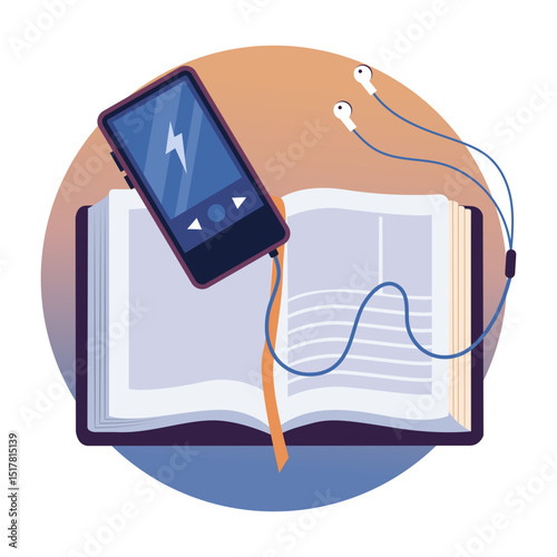 Flat style illustration showing a character listening audiobook