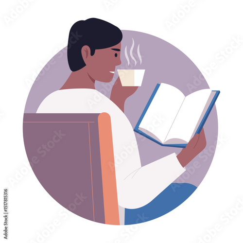 Flat illustration showing person reading a book as a relaxing hobby