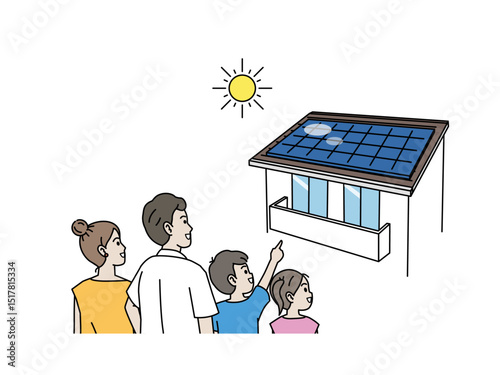 太陽光発電、ソーラーパネルを家に取り付ける家族のイラスト