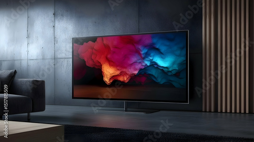 Modern Flat Screen Television In Dark Living Room With Abstract Image