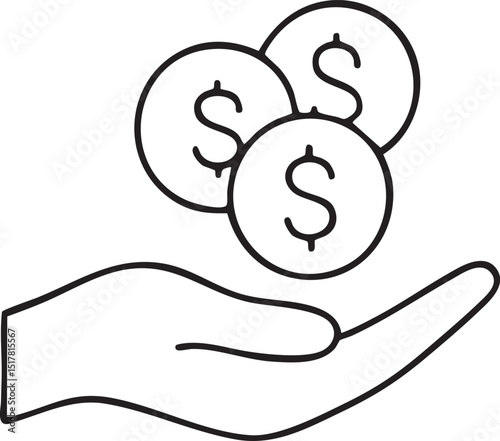 Line Art Illustration of Hand Holding Three Coins with Dollar Signs for Financial Concepts