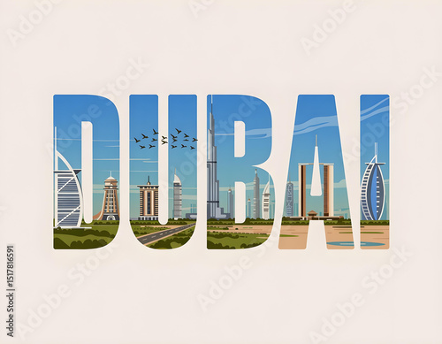 dubai word art showing iconic buildings and blue sky scenery


