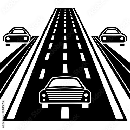 Three cars driving on a straight multi lane highway