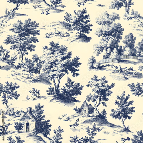 Seamless Toile de Jouy pattern of pastoral countryside in navy blue on cream, with delicate engraving-style linework. Elegant and vintage, perfect for textiles, wallpapers, or classic decorative desig
