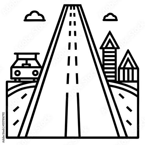 Long highway leading to houses under a cloudy sky simple line art illustration
