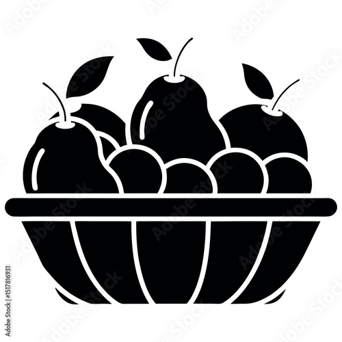 A black and white illustration of a bowl of pears and apples
