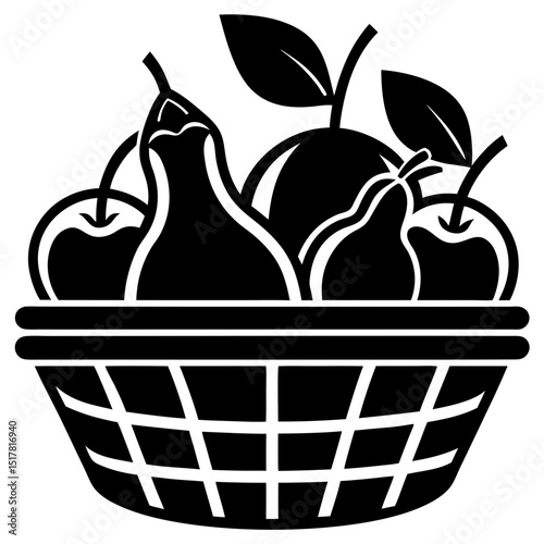 Black and white illustration of a fruit basket with apples and pears