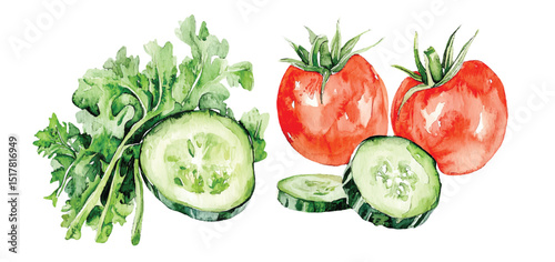 Watercolor painted vegetables. Fresh colorful veggies vector illustration Tomato and cucumber