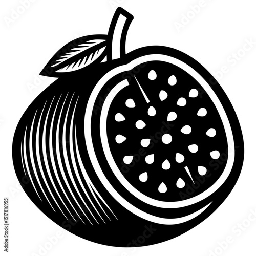 Black and white illustration of a halved fig with seeds