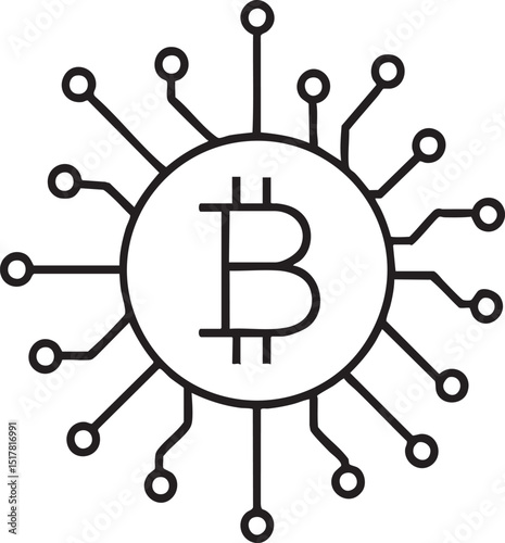 Bitcoin Cryptocurrency Network A Digital Currency Symbol with Circuit Board Connections and Decentralized Technology