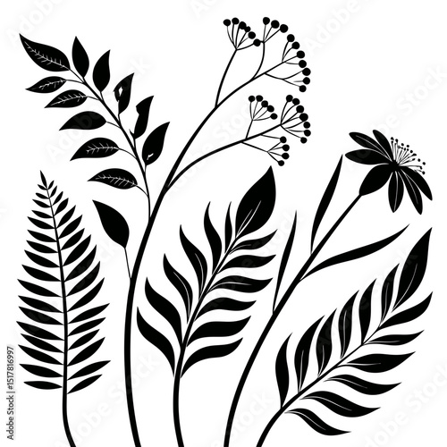 Black and white silhouette of various botanical elements