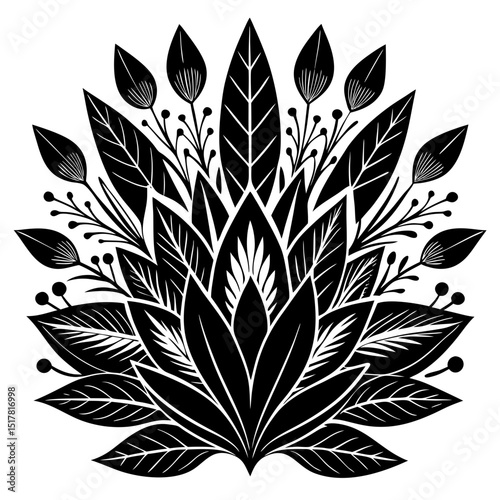 Black and white stylized floral design element botanical illustration