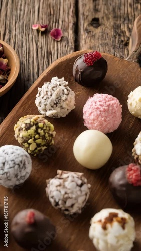 Wallpaper Mural Assorted gourmet chocolate truffles arranged on wooden board with decorative bowl of flower petals, studio shot Torontodigital.ca