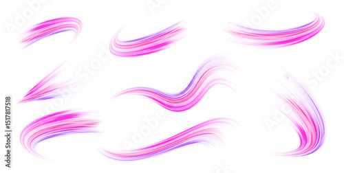 Expressway, car headlight effect. Abstract neon light rays vector png background. Light trail wave, fire path trace line, car lights, optic fiber and incandescence curve twirl.