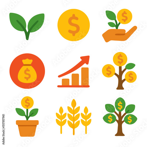 Money tree icon with nine financial growth related icons, perfect for financial websites, investment apps, and business presentations.