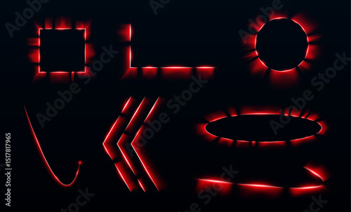 Bright red light frames appear in dynamic shapes. Circles, stars and lightning bolts flash with radiant energy. Perfect for adding intensity to tech designs.	