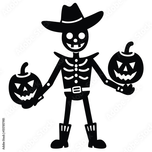 Silhouette illustration of a halloween skeleton cowboy with pumpkin lanterns on white background