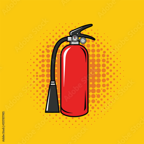 fire extinguisher pop art vector symbol with yellow background and halftone dots
