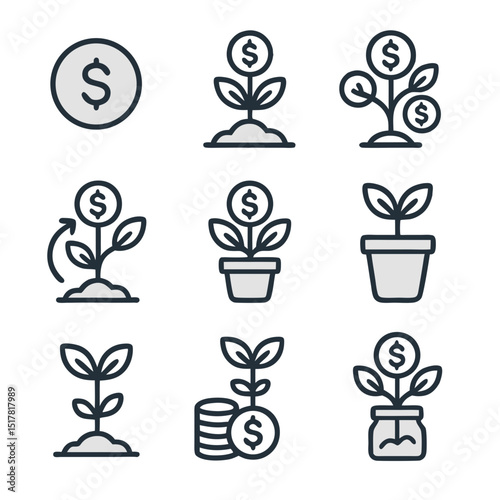Money tree icon with nine illustrated money trees flourishing in diverse settings. Perfect for financial and investment concepts in various designs.