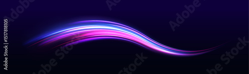 Abstract image of speed motion on the road. Vector glitter light fire flare trace. Dark blue abstract background with ultraviolet neon glow, blurry light lines, waves	