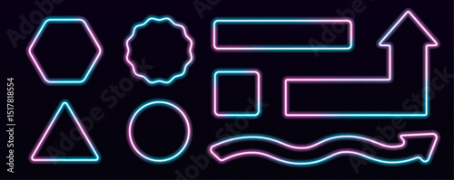 Collection of neon frames with dark background and glowing techno background. Set of neon frame isolated background. Frame for border speech. Vector illustration.