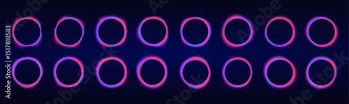 Collection of round glowing neon lighting on dark background with copy space.  Abstract cosmic vibrant color circle border.  Radiant speed motion design.